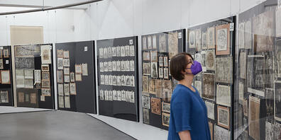 Eine Mitarbeiterin der Deichtorhallen Hamburg betrachtet in der Ausstellung «Aby Warburg: Bilderatlas Mnemosyne. Das Original» eine Rekonstruktion. Warburgs Bilderatlas «Mnemosyne» zählt nach Angaben der Deichtorhallen bis heute zu den weltweit be...