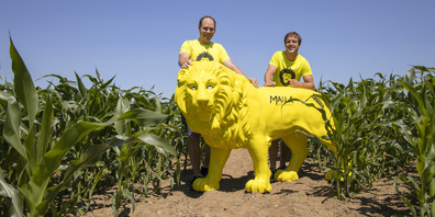 Die Gründer Marc Azzali und Andreas Beurer (v.l.) mit Ruedi, dem Maskottchen vom MAILA.
