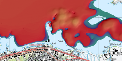 Das Schiffswrack vor Freienbach liegt unten Links im roten Bereich. Es handelt sich um eine versunkenes Lastschiff, welches 2016 von Unterwasserarchäologen untersucht wurde.