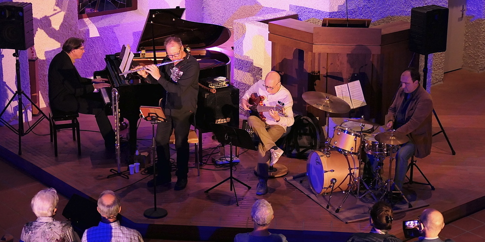 «Erich Tiefenthaler´s Flute Jazz Four» an ihrem Bernecker Konzert, von links Peter Madsen, Erich Tiefenthaler,  Dietmar Kirchner und Patrick Menzechhi