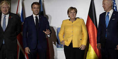 Boris Johnson (l-r), Premierminister von Großbritannien, Emmanuel Macron, Präsident von Frankeich, Bundeskanzlerin Angela Merkel (CDU) und Joe Biden, Präsident der USA, treffen für den Joint Comprehensive Plan of Action (JCPOA) am Rande des G20-Gi...