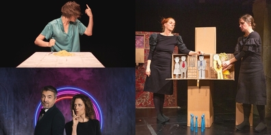 Suramira Vos mit «Ausbauchen» (l.o.), Stefan Gubser & Regula Grauwiller zum Frauenstimmrecht (l.u.) und das Figuren-Theater Gustavs Schwestern.