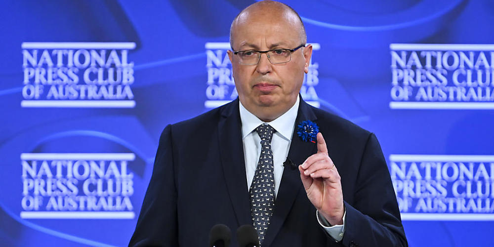 France's Ambassador to Australia Jean-Pierre Thebault delivers his address to the National Press Club in Canberra, Wednesday, November 3, 2021. (AAP Image/Lukas Coch) NO ARCHIVING