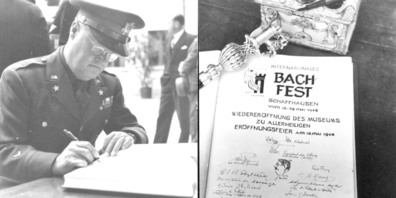 Ein amerikanischer General trägt sich 1946 ins Gästebuch zur Wiederöffnung des Museums sowie zum 1. Internationalen Bachfest ein.
