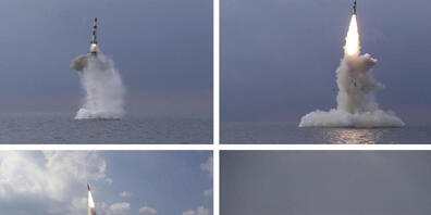 Diese Kombination von vier Fotos, die von der nordkoreanischen Regierung zur Verfügung gestellt wurden, zeigt eine ballistische Rakete, die in Nordkorea von einem U-Boot aus gestartet wurde. Foto: ---/KCNA via KNS via AP /dpa - ACHTUNG: Nur zur re...