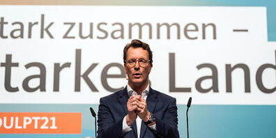 Hendrik Wüst, neuer Landesvorsitzender in Nordrhein-Westfalen spricht zu den Delegierten auf dem Landesparteitag der CDU. Foto: Bernd Thissen/dpa