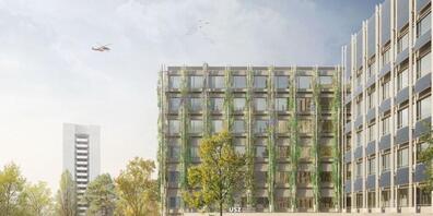 So wird der Eingang zur Notfallstation des Unispitals aussehen. Eine der Fassaden der beiden neuen Gebäude wird begrünt, die andere mit Photovoltaik bestückt. (Visualisierung)