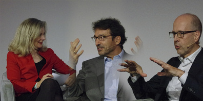 Moderatorin Karin Frei, Alfred Mettler und Thomas Heller (v.l.n.r.)