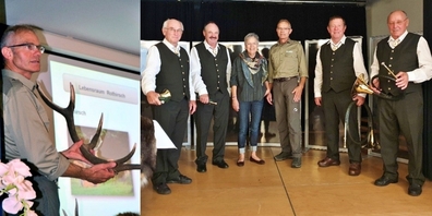 Die Jagdhornbläser Speer mit Organisatorin Beatrice Munz und Referent Benedikt Jöhl.
