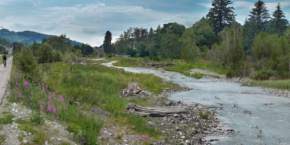 Visualisierung des Geschiebeablagerungsplatzes Sefar: Dieser ist ein Kernelement der Massnahmen zur Erhöhung des Hochwasserschutzes. Durch die naturnahe Ausgestaltung wird zusätzlich wertvoller Lebensraum für Fauna und Flora geschaffen.