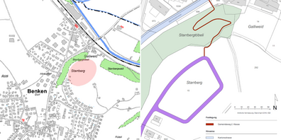 Situationsplan des Gebiets Starrberg (l., rötlich) und Auszug Teilstrassenplan Töbeliweg mit Räblistrasse (blauviolett) und Gemeindeweg (dunkelrot).