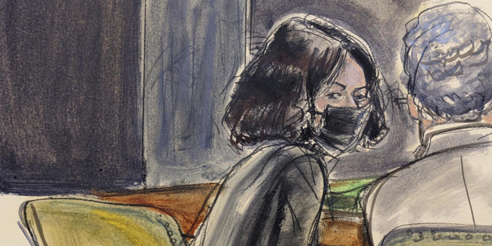 Diese Gerichtszeichnung zeigt Ghislaine Maxwell (l), die mit ihrem Verteidiger Jeffrey Pagliuca spricht nach der Verlesung des zweiten Urteils der Geschworenen. Foto: Elizabeth Williams/AP/dpa