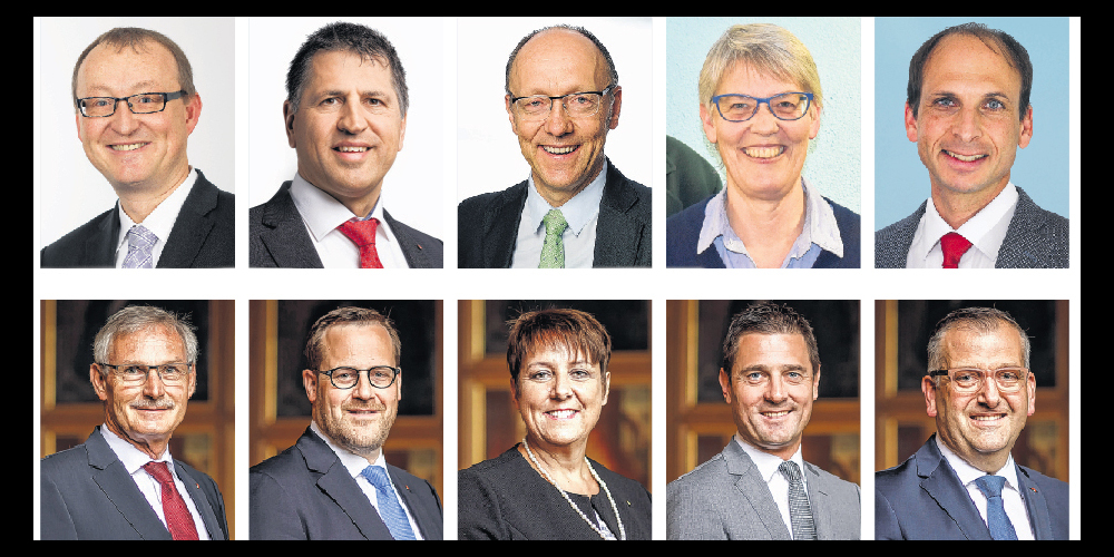 Oben: Die fünf Neuen: (v. l.) Herbert Huwiler (SVP, Freienbach), Sandro Patierno (CVP, Schwyz), Michael Spirig (GLP, Buttikon), Elsbeth Anderegg Marty (SP, Lachen/Altendorf) und Michael Fuchs (SP, Küssnacht). Unten: Die fünf bisherigen und wiederkandidierenden Regierungsmitglieder: (v. l.) Andreas Barraud (SVP, Bennau), Kaspar Michel (FDP, Rickenbach), Petra Steimen-Rickenbacher (FDP, Wollerau), André Rüegsegger (SVP, Brunnen) und Michael Stähli (CVP, Lachen).
