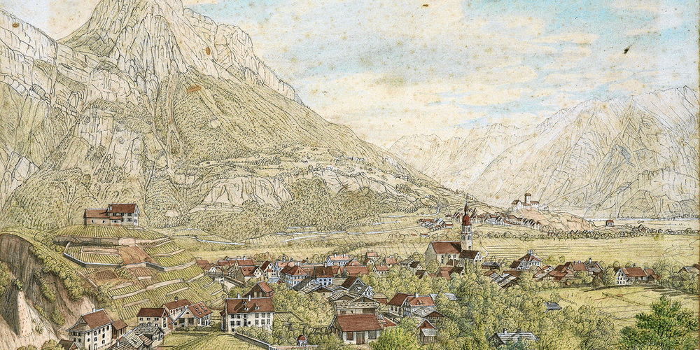 Blick über das Dorf Mels von Süden gegen den Gonzen: Die wertvolle, kolorierte Federzeichnung ist beides, ausdrucksstark und präzise zugleich.