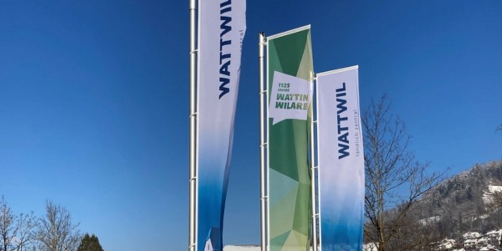 Das neue Logo (mittlere Fahne) weht bereits vor der Gemeindeverwaltung. 