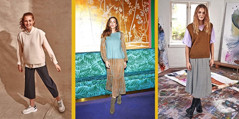 Angesagt: Der Preppy-Stil wirkt frech und cool – hier ein Kombinationsbeispiel mit Oversize-Pullunder zur Culotte (links). Der Pullunder lässt sich gut über einem Kleid tragen (Mitte). Weite Schnitte liegen im Trend – auch in der Kombination mit Pullunder ist das möglich. 