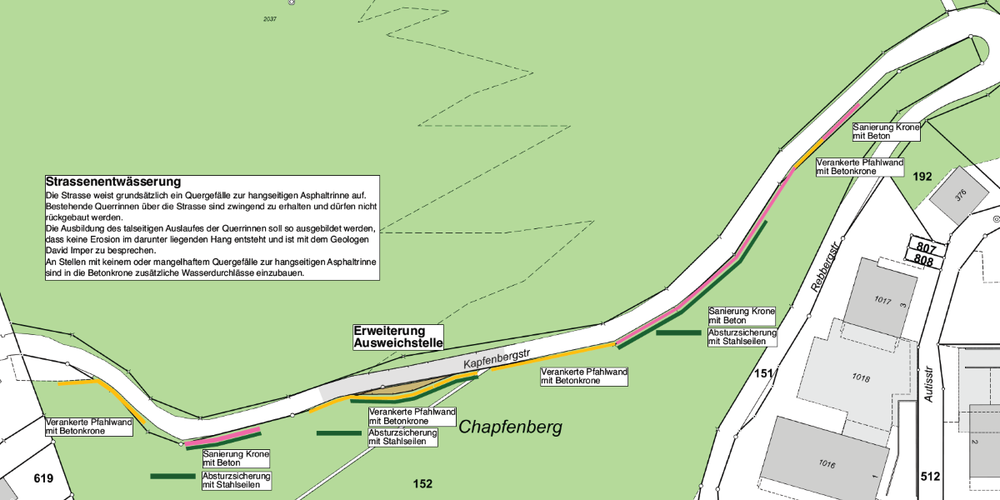 Kartenausschnitt zu den geplanten Sanierungs- und Erweiterungsarbeiten an der Kapfenbergstrasse in Weesen.