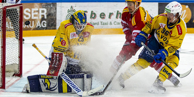 Der Davoser Goalie Sandro Aeschlimann hält sein Tor gegen die Rapperswil-Jona Lakers sauber.
