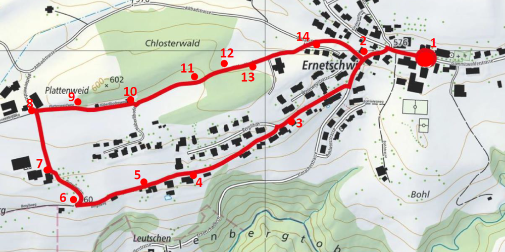 Eine Karte mit der Route und den 14 Stationen des Ernetschwiler Adventswegs (beides in rot).