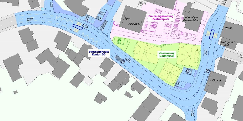 Übersichtskarte der geplanten Teilprojekte zur Umgestaltung des Benkner Dorfdreiecks.