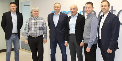 Emmanuel Moritz (Vice President M&A Forterro), Marco Gerlach (CTO Myfactory), Richard Furby (President M&A Forterro), David Lauchenauer (Managing Director Myfactory), Jörg Holzmann (Leiter Vertrieb Schweiz Myfactory), Timo Bärenklau (Vertriebsleiter Deutschland und Österreich Myfactory)