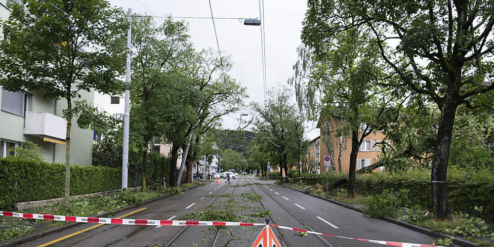 Umgestürzte Bäume und abgebrochene Äste behindern nach einem schweren Unwetter in Zürich am 13. Juli 2021 den Verkehr und das Durchkommen für Fussgänger. Kräftige Gewitter mit Starkregen, Hagelschlag und Sturmböen zogen im 2021 mehrfach über Teile...