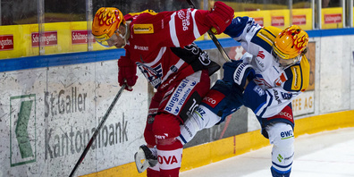 Zweikampf zwischen dem Lakers-Topscorer Roman Cervenka (links) und seinem ZSC Lions-Gegenspieler Denis Malgin.