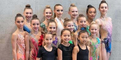Die Gymnastinnen des Leistungszentrums RLZ RG Ost St. Gallen mit Lea Schefer, Leni Leufen, Tina Schefer, Elisiana Nikaj, Marilena Nikaj und Shania Hutter von der RG Berneck und der RG Diepoldsau-Schmitter.
