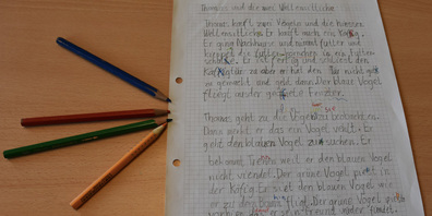 Einen Text mit unterschiedlichem Fokus mehrmals betrachten und dabei Fehler entdecken: Diesen Text hat das betroffene Kind mit vier verschiedenen Farbstiften selbst korrigiert und dabei noch Fehler entdeckt. 