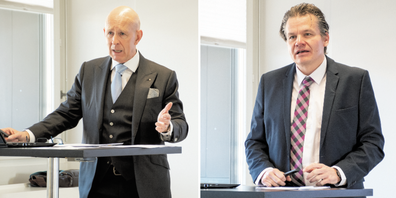 Martin Vogel (l.), Vorsitzender der Geschäftsleitung, und Florian Hotz, Bankpräsident, präsentierten den Jahresabschluss 2021 der Schaffhauser Kantonalbank. 