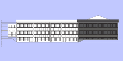 Plan des Schulhaus Wagen mit neuem Gebäude rechts. Der definitive Bezug der Schulzimmer ist auf Beginn des Schuljahrs 2021/22 geplant.