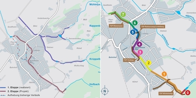 Gegenüberstellung der 1. und 2. Etappe der Dorfbachsanierung (l.). Die 2. Etappe umfasst acht Teilabschnitte.