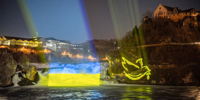 Die von Beat Toniolo gezeichnete Friedenstaube war eines der Symbole, die am vergangenen Donnerstag auf den Rheinfall projiziert wurden. 