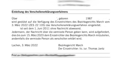 Im aktuellen Amtsblatt wurde die Einleitung eines Verschollenerklärungsverfahrens eines verschwunden jungen Mannes publiziert.