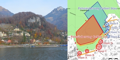 Eine Karte des Gebiets am Chapfenberg (r.) mit Gefahrenbereichen (rot, blau) und betroffenen Strassen (orange).