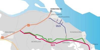 Die Bodensee-Thurtal-Strasse BTS (rot) wurde 2012 von den Thurgauer Stimmberechtigten befürwortet. Der Bund will das Projekt aber derzeit nicht realisieren. Ohne BTS braucht es auch die geplante Oberlandstrasse OLS (dunkelblau) nicht.