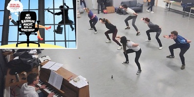 Probe für das Broadway-Musical "How to Succeed in Business Without Really Trying".