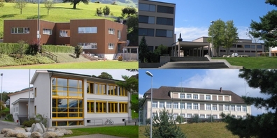 Vier Schulgebäude in Kaltbrunn: Schulhäuser Sonnenbüel (l.o.) und Hältli (r.u.), Turnhalle Hauswiese (l.u.) sowie das Oberstufenzentrum.