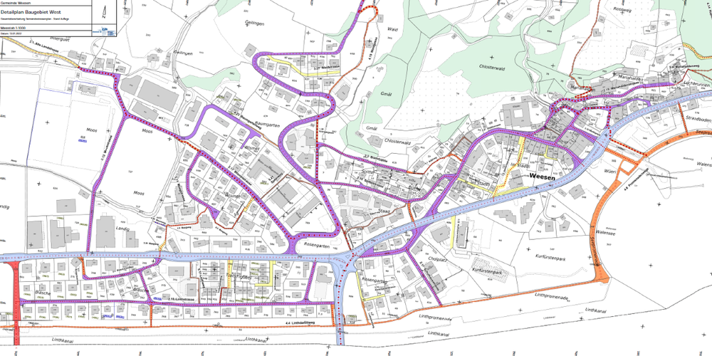 Ausschnitt aus dem Detailplan Baugebiet West des gesamtrevidierten Weesner Gemeindestrassenplans.