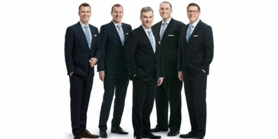 Geschäftsleitung der Alpha RHEINTAL Bank, von links: Patrik Thür (Leiter Privatkunden), Roland Bartho-let (Leiter Private Banking), Reto Monsch (Vorsitzender), Andreas Reis (Leiter Services), Mike Düsel (Leiter Firmenkunden)