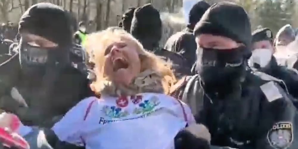 Eine Freiheitstrychlerin wird von Polizisten abgeführt