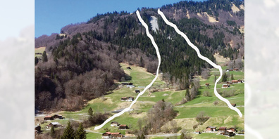 Verlauf des grossen Erdschlipfs, der in den Jahren 1798–1803  über Pusserein niederging. 