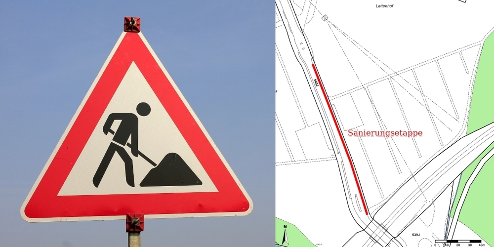 Ausschnitt des Situationsplans (r.) mit der rot markierten Sanierungsetappe der Holzwiesstrasse.