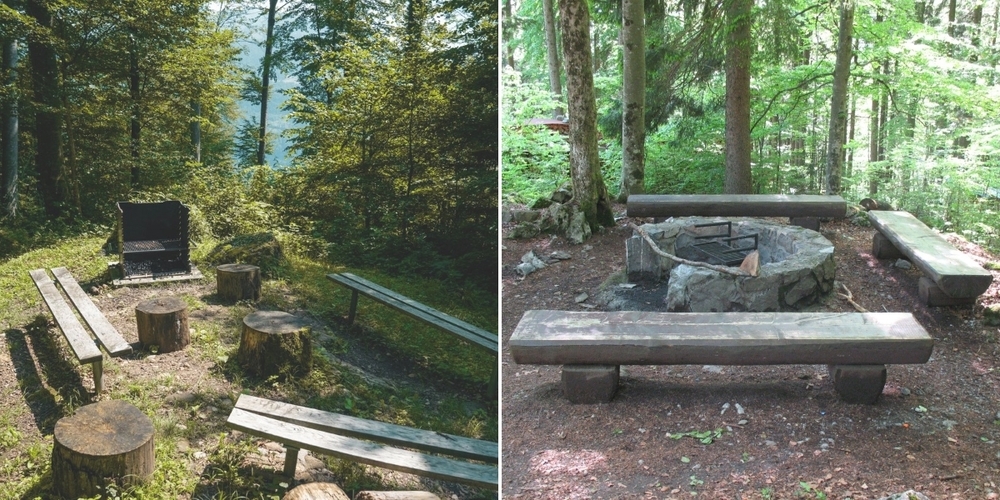 Die Wald-Feuerstellen Lauiwald in Weesen (l.) und Girengärtli in Amden.