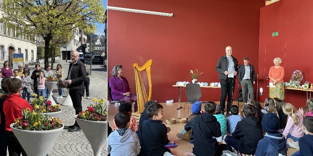 Seelsorger Jürg Wüst bei der Blumensegnung vor der Stadtkirche (l.). Im BGZ gab es unter anderem Märchen für die Kinder und Harfenklänge zu hören.