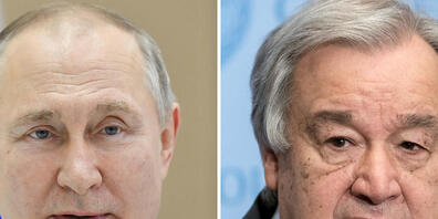 ARCHIV - Nach rund zwei Monaten Krieg in der Ukraine wird Russlands Präsident Wladimir Putin (l) nach Kremlangaben UN-Generalsekretär António Guterres empfangen. Foto: dpa/Sputnik/UN - ACHTUNG: Nur zur redaktionellen Verwendung und nur mit vollstä...