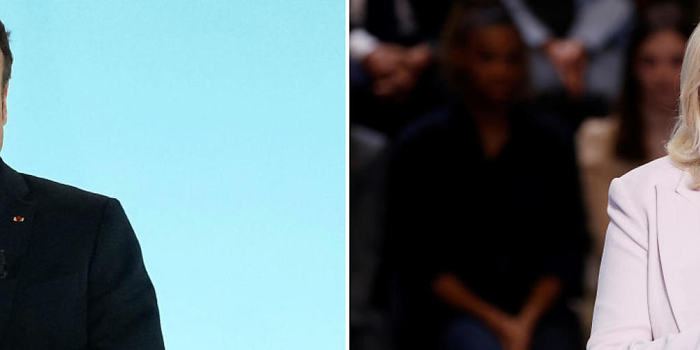 dpatopbilder - ARCHIV - Der amtierende französische Präsident und zentristische Präsidentschaftskandidat Emmanuel Macron und Marine Le Pen, Präsidentschaftskandidatin der rechtsextremen Partei Rassemblement National stehen zur Wahl. Foto: Thibault...
