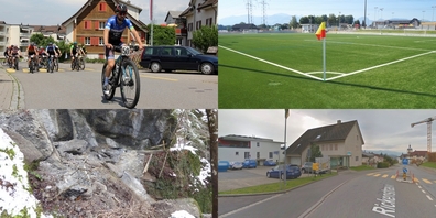 Velorennen, Felssprengungen im Neuhüsler Tobel (l.u.), Rasenunterhalt beim Dorftreff (r.o.) und die «Alte Post» St.Gallenkappel (r.u.) waren Themen im Gemeinderat.