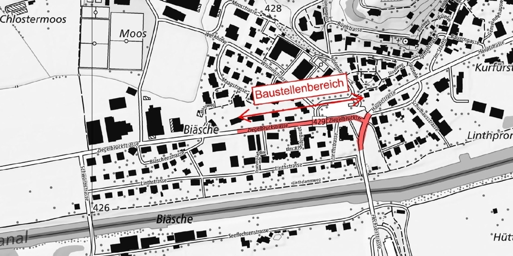 Übersichtskarte mit dem rot markierten Baustellenbereich auf der Ziegelbrückstrasse in Weesen.