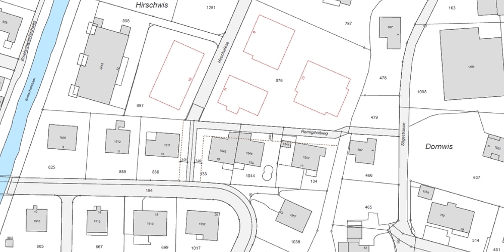 Ausschnitt des Sondernutzungsplans Remigihofweg mit Baulinien: projektierte Bauten (rot) und Baulinien (braun).